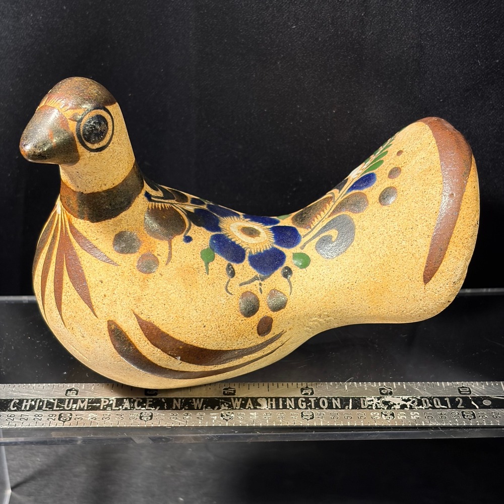 Tonala Mexican Pottery Bird Figurine Hand Painted Floral Folk Art 6.5 Inch